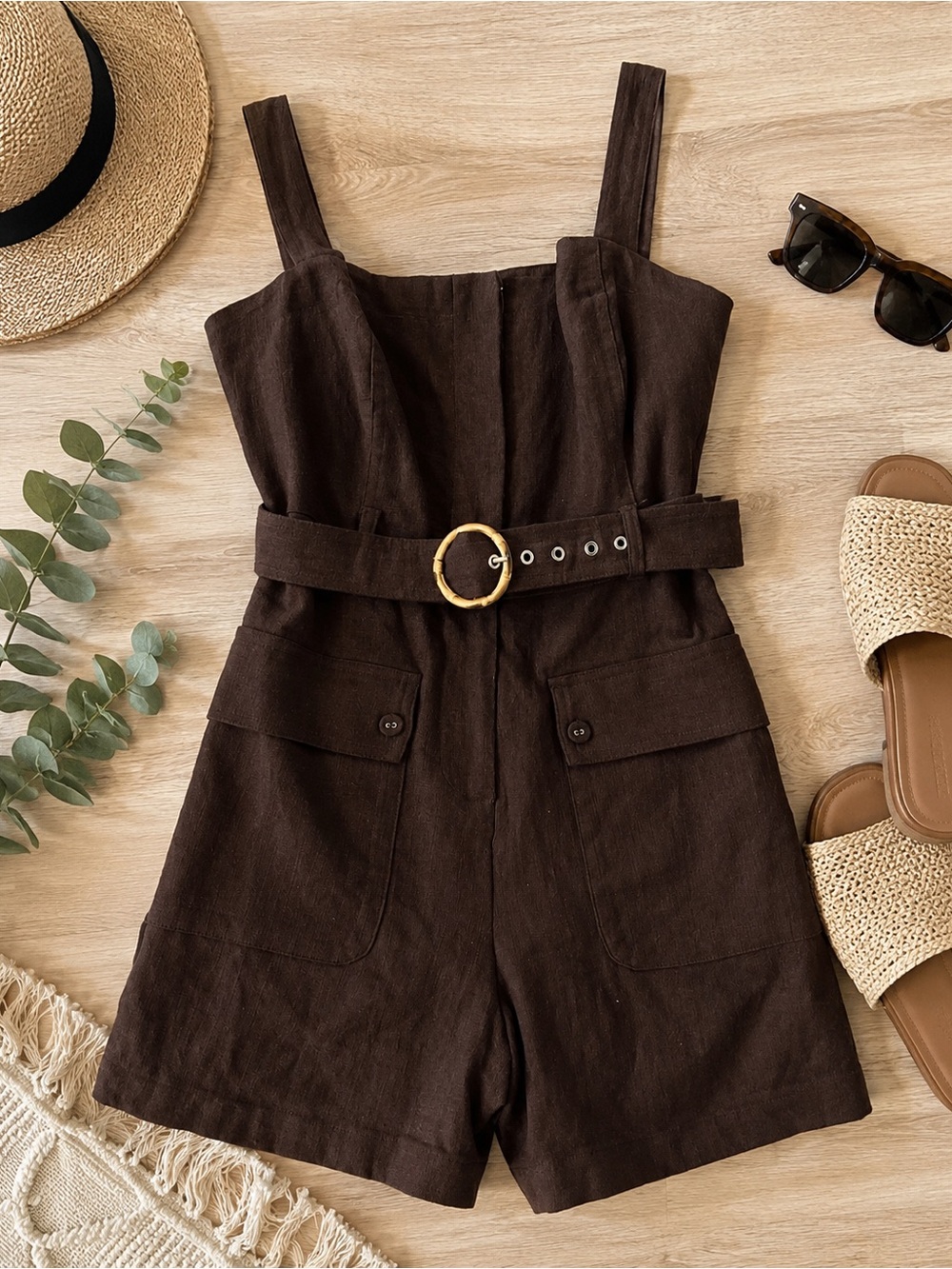 Belle Vere Anthropologie Brown Linen Blend Belted Romper Utility Pockets Size 12